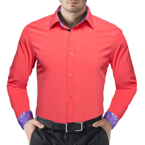 Mens Shirts Long Sleeve Silk Paisley Red Gold Blue Green Button Down Top Casual - Picture 104 of 135
