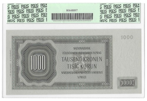 Bohemia & Moravia 1000 Korun 1942 Pk 15a PCGS 66 PPQ Gem New Few Finer 1 of 2 - Picture 2 of 2