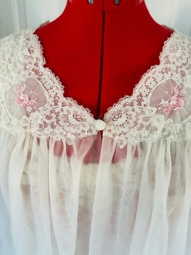 Vintage 50s Shadowline Bridal Peignoir Set S Sheer Ivory Lace Chiffon Gown Robe - Picture 17 of 18