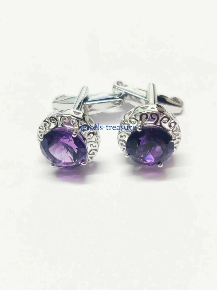 天然紫水晶宝石 925 纯银袖扣男式 #555 — 第 3/3 张图片