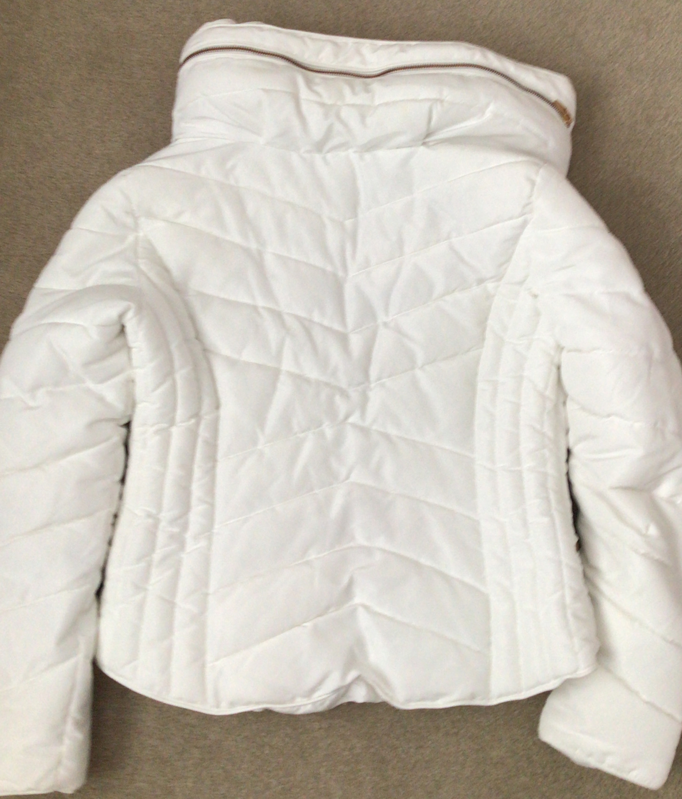 Zara Ladies S Cream /White Jacket Faux Fur Collar Rose Gold Zips Puffer