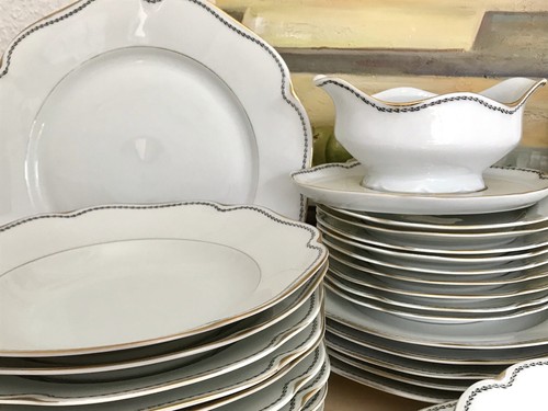 Antik EDEL  Art Déco Krister Porzellan Tafelservice weiß schwarz gold Borte - Bild 9 von 24