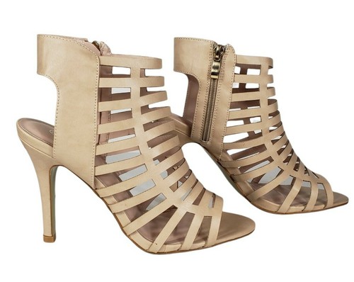 Nude Tan Beige Cutout Strappy Heels Women Size 7.5 Open Toe Shoes Side Zipper - Picture 3 of 11