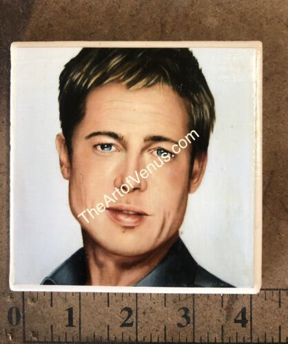 Brad Pitt Realismus Kunst Keramik Untersetzer Fliese Original Künstler signiert Neu mit Etikett schnell S/H - Bild 2 von 6