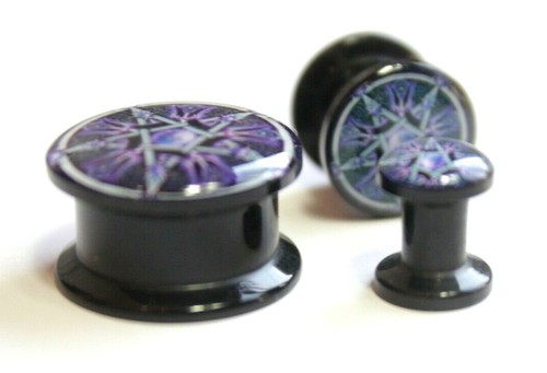 Pentacle Pentagram Star Purple Wicca Goth Logo Screw Fit Tunnel Ear Plug Earring - Picture 8 of 8