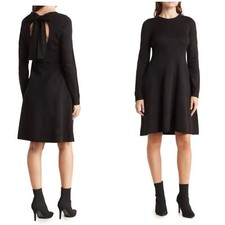 Vince Camuto Medium Long Sleeve Fit & Flare Sweater Dress Black Open Back & Bow