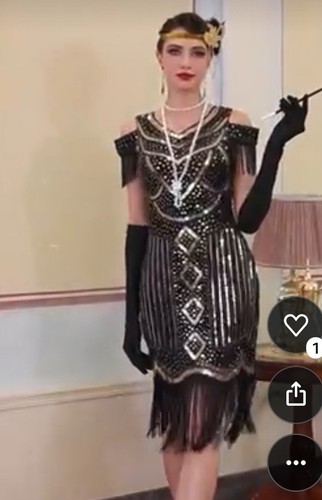 Flapper Dress LG Beaded Sequin Fringe Cold Shoulder LG Dance Gatsby 1920s Lined - Picture 10 of 14