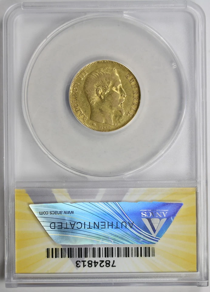 Oro Francia 1855-D 20 francos XF EF 40 ANACS Foto 2 de 4