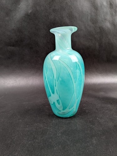 Jarrón de vidrio artístico vintage soplado a mano azul verde 7" - Imagen 2 de 8