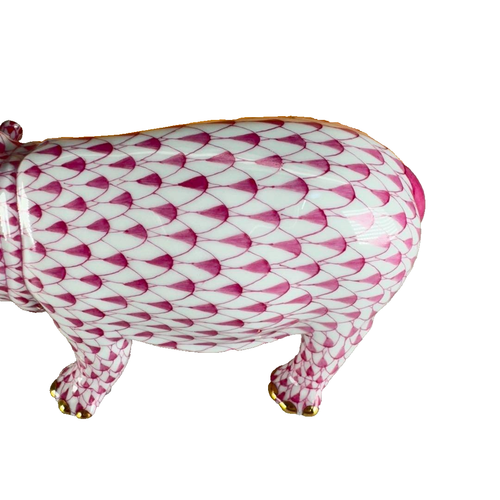 Herend Porcelain Hippo Figurine Pink Fishnet Hungary Ceramic - Picture 10 of 12