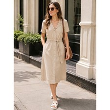 Quince Driftwood European Linen Button Front Midi Shirt Dress L Minimalist Chic