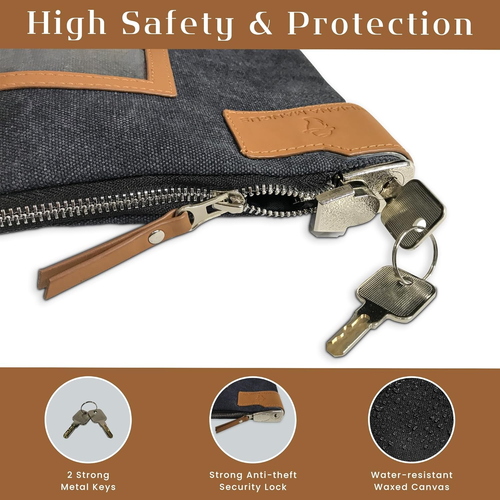 Money Bag with Lock and 2 Keys, Bank Cash Bags with Zipper, 11 X 8.6 Inches, Doc - Picture 3 of 12