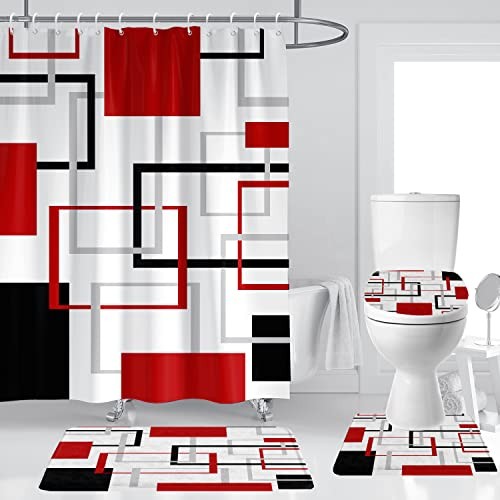 Red Black Shower Curtain Set Abstract 60"W x 72"L (Pack of 4) Red and Black - Picture 2 of 8