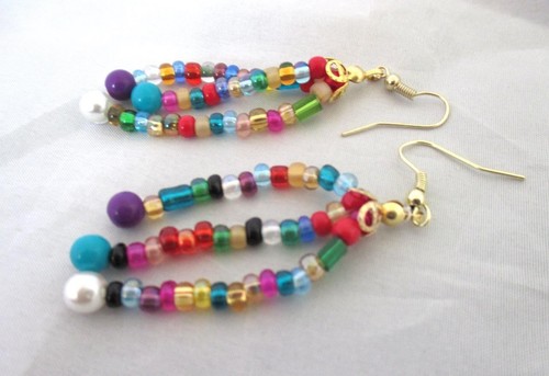3" Drop Dangle Bead Earrings Multi Color Beads Gold Accents Scrap Ditty - Picture 2 of 3