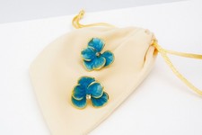Blue Flower Stud Earrings Gold Trim Enamel Floral Jewelry Gift for Her