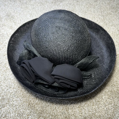 Lord & Taylor Black Straw Hat with Decorative Fabric Roses