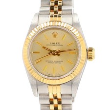 Rolex Ladies Oyster Perpetual 67193 Light Champagne Stick Dial 18KY SS Watch