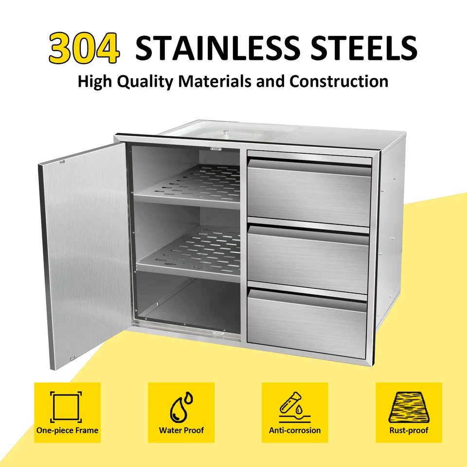 SGOLAN Outdoor Kitchen Drawer Combo Cabinet Steel Built-in Triple Drawers&Door Storage