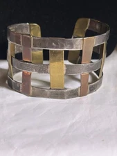 Vintage Sterling Silver, Brass & Copper Modernist Cuff Bracelet 28.3g
