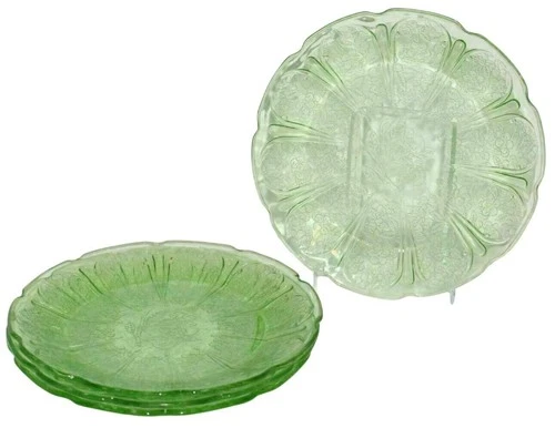 4 Jeannette Depression Glass Green Cherry Blossom Salad Plates 7" Vtg 30s