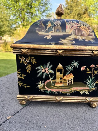 Vintage Oriental Asian Black Lacquer Wooden Jewelry Trinket Box 13.5x10” - Picture 4 of 21