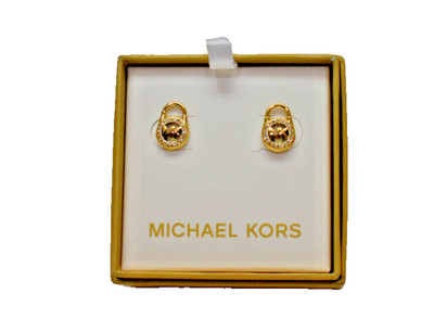 MIchael Kors Pave Logo Lock Studs Earrings Goldtone MKJX7410710 New!