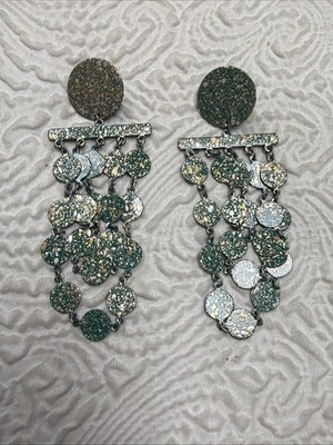 Vintage Boho Distinctive Green Copper Patina  Dangling Discs Chandelier Earrings