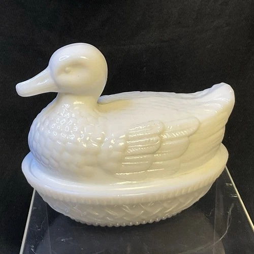 Vintage, Imperial Glass- Milk Glass, Duck on Nest Lidded Candy Dish- 4-3/4" Long
