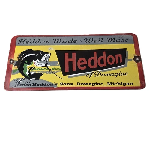 Vintage Heddon Fishing Lures Sign - Fish Tackle Lures Gas Pump Porcelain Ad Sign