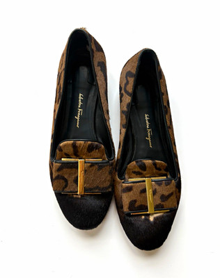 Salvatore Ferragamo Women s Animal Print Leather Loafer Flats Brown/Black 7.5