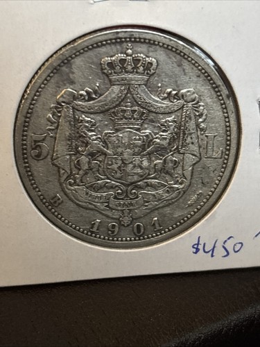 1901 B Romania 5 Lei๐ท๐ด Roumanie ๐ท๐ด Argent~silver Anniversary Of Reign Carol - Picture 7 of 7