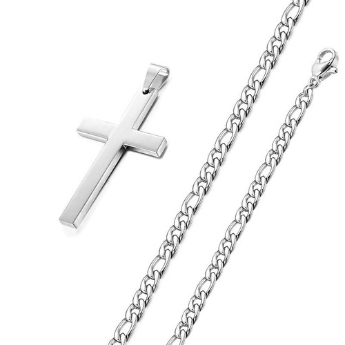 Boy Silver Stainless Steel Men Women Pendant Figaro Chain Cross Necklace Gfit - Picture 2 of 9