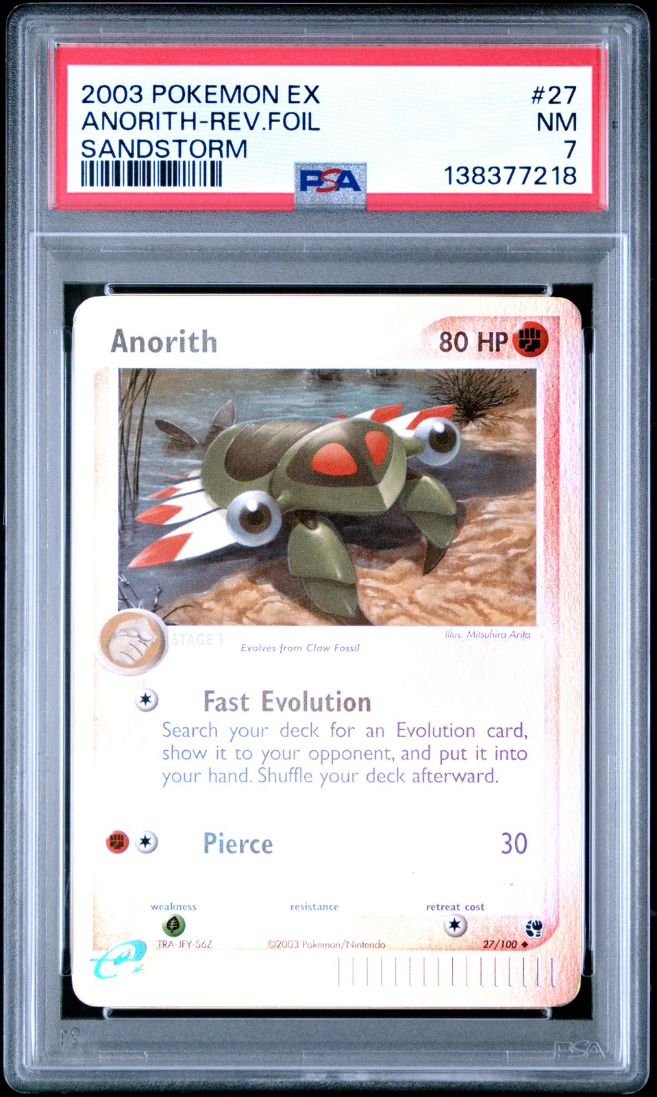 2003 POKEMON EX SANDSTORM #27 ANORITH-REVERSE FOIL PSA 7