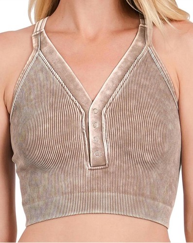 Zenana washed ribbed cropped button v-neck tank top Mocha