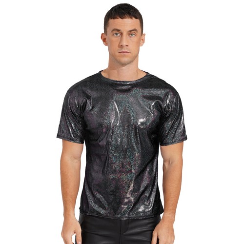 Mens Top Ultra-thin T-shirt Soft Blouse Sequin Tee Mesh Costume Halloween Club - Picture 36 of 63