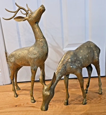 Pair of Vtg Large Spotted Solid Brass Deer Statues Heavy! Buck & Doe Patina READ
