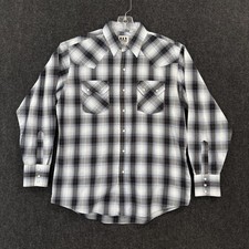 Ely Cattleman Shirt Men's Large Gray Black White Plaid Western Pearl Snap Cowboy