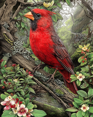 8x10 Red cardinal on flowering branch bird portrait - 965643312