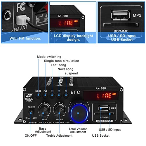 AK-380 USB SD BT.C FM AUX Audio Power Amplifier 400W+400W 2.0 CH HiFi Stereo - Picture 3 of 6