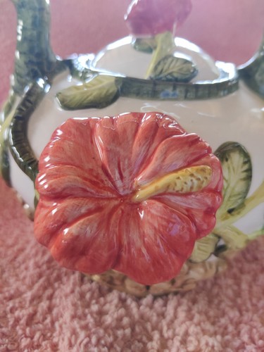 Tetera efecto 3d, diseño flor y pájaro, pintada a mano, naranja/verde - Imagen 11 de 19