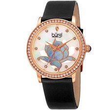 Women's Burgi BUR159BKR Swarovski Crystal Bezel Mother of Pearl Flower Watch