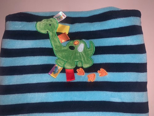 TAGGIES Plush Baby Toddler Blanket Blue Striped Embroidered Dinosaur 29x38” (HS - Picture 2 of 5