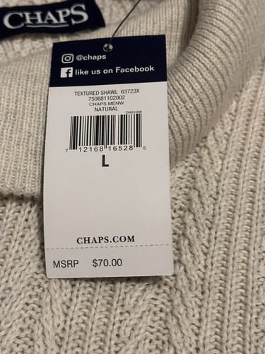 NWT Chaps Mens Size ( L ) Cream Cable Knit Sweater Heavy Cotton Shawl Neck - 第 5/11 張圖片