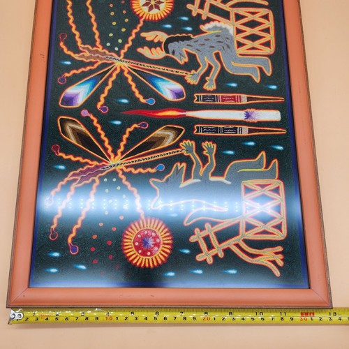 Vintage Huichol Indianer Garn gerahmt Kunst zeremoniell spirituell 70er Jahre Tier - Bild 21 von 22