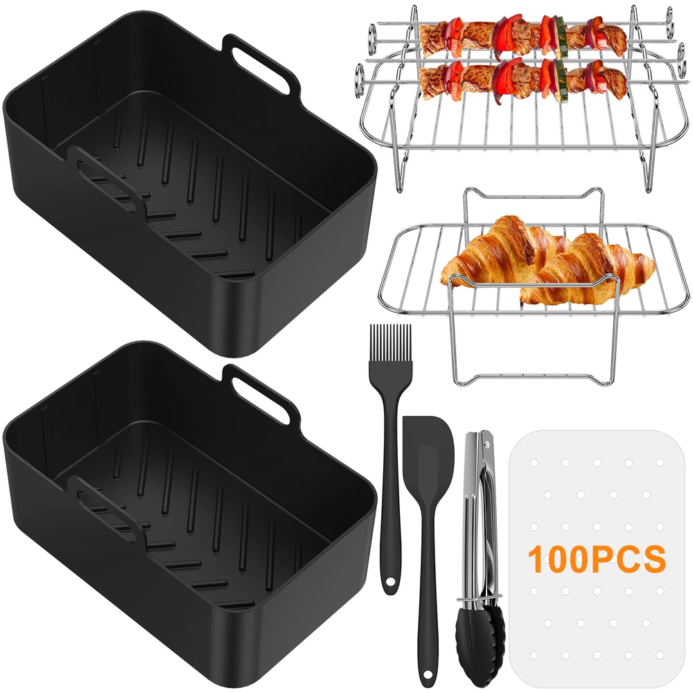 Nonstick Silicone Air Fryer Pan Set with 100 Parchment Paper Liners