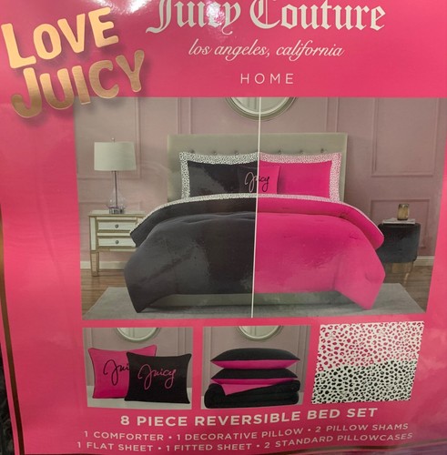 Juicy Couture schwarz/hot pink wendbares 8-teiliges King Bettdecken-Set mit Leoparden-Laken - Bild 6 von 6