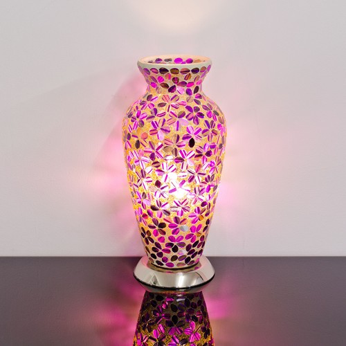 Magenta Floral Pattern Mosaic Glass Vase Table Lamp Mood Light Home Decor - Picture 1 of 7