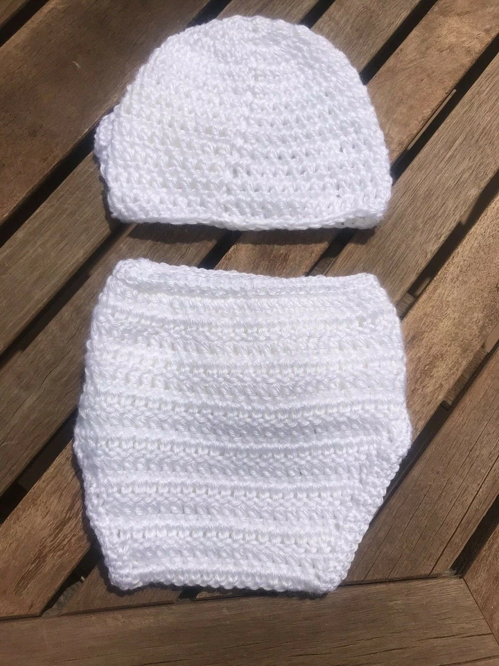 Conjunto de chapéu de bebê com capa de flor e fralda 3-6 meses Nova malha branca feita à mão - Imagem 3 de 4