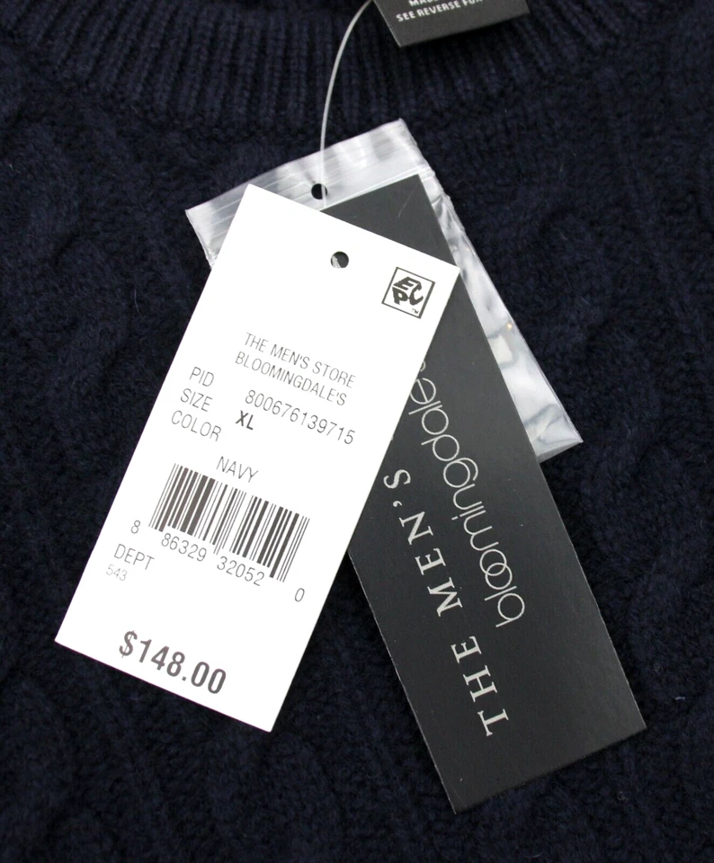 Мужской магазин свитер XL шерсти мериноса темно-синий кабель трикотажа Crewneck Bloomingdales - Изображение 4 из 4
