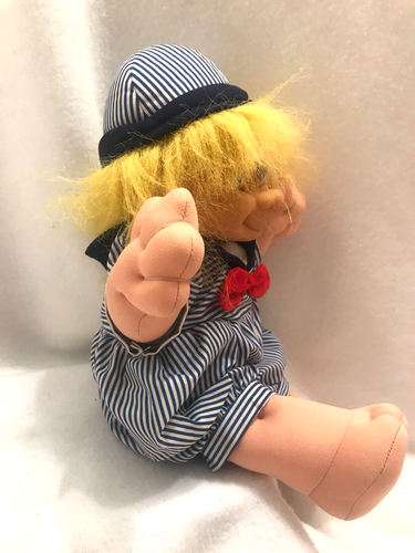 Russ 12" Troll Kidz bambola peluche vestito marinaio a righe occhi blu capelli gialli vintage - Foto 6 di 7